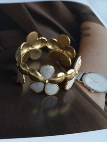 White Collection Stainless Steel Enamel Adjustable Open Cuff Bracelet, Starfish Shell Heart Design, Minimalist Fashion Summer Beach Romantic Nautical Personalized Stackable Vintage Clothing Accessory - White - View 8