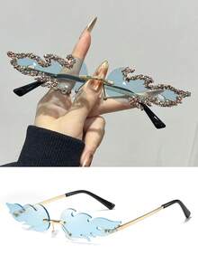 1/2/3pcs Women's Flame Shaped Rhinestone Red Rimless Glasses, European And American Style Exaggerated Personalized Fashion Glasses, Zinc Alloy Temple, Suitable For Party / Music Festival / Street Photography / Theme Event / Stage Performance Niche Eye-Catching Accessory - Multicolor - View 27