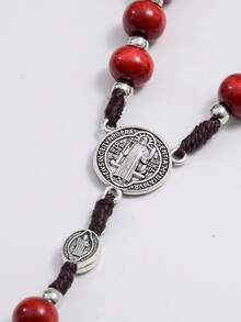 1pc Handmade Red Rosary Necklace, Vintage St. Benedict Cross Pendant Necklace, Christian Gift, Handwoven Necklace - Brownish Red - View 5