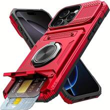 [24h Shipping From DE/FR/ES] Phone Case: Shockproof With Card Slot, Compatible With IPhone 17/17 Air/17 Pro/17 Pro Max, 16 Pro Max/15 Pro/14 Plus/13 PM/12/11 Mini And Other Models. Also Suitable For IPhone 17 Series Models With Card Slot Function. Includes Ring Stand - 紅色 - 查看 1