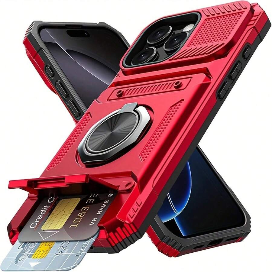 [24h Shipping From DE/FR/ES] Phone Case: Shockproof With Card Slot, Compatible With IPhone 17/17 Air/17 Pro/17 Pro Max, 16 Pro Max/15 Pro/14 Plus/13 PM/12/11 Mini And Other Models. Also Suitable For IPhone 17 Series Models With Card Slot Function. Includes Ring Stand - 紅色 - 查看 1