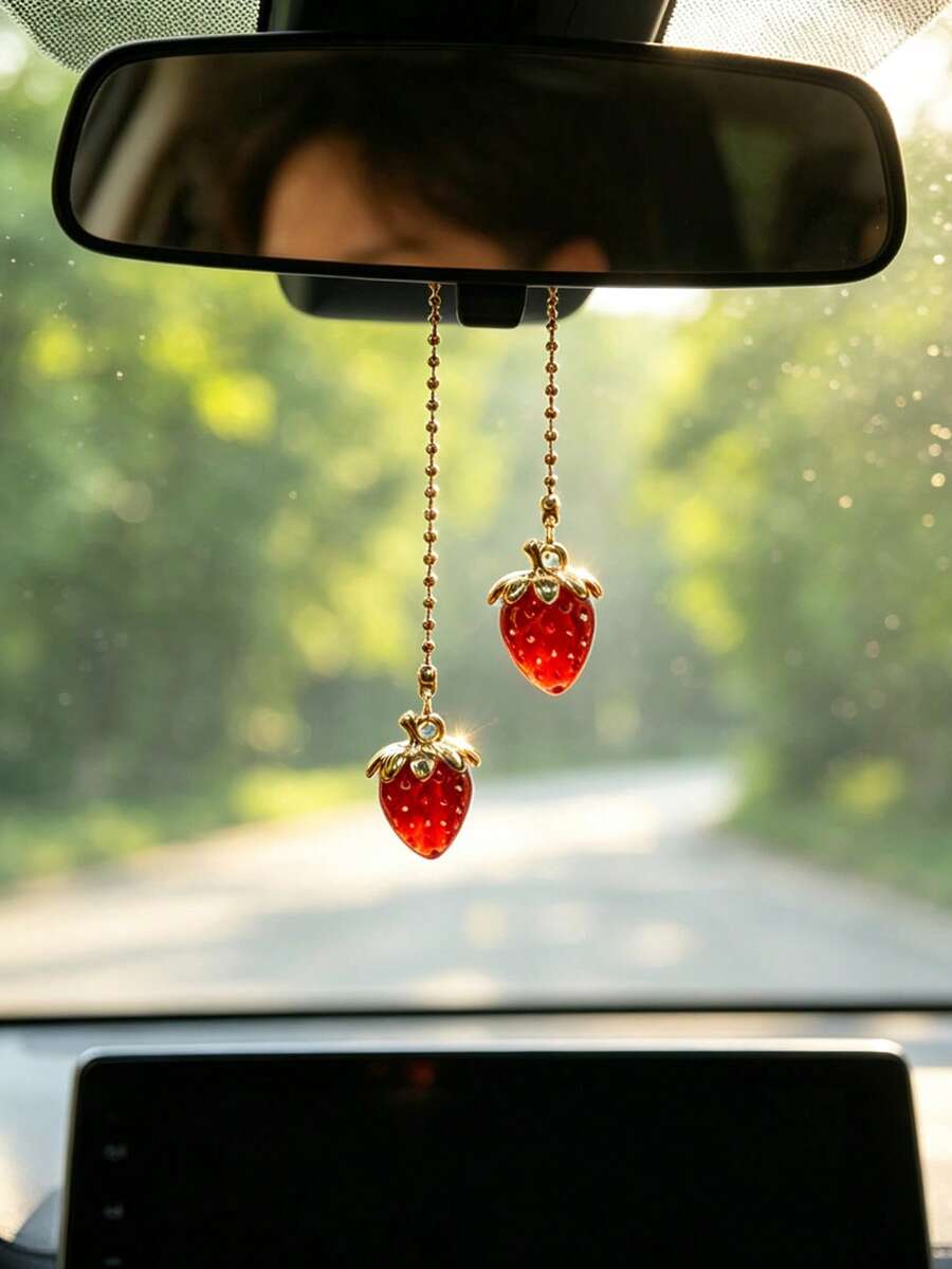 1件透明草莓汽車後視鏡吊飾,女性汽車內飾配件 - A - 查看 1