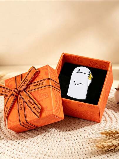 1 pezzo Spilla in smalto con espressione piangente del meme internet Flork, personaggio cartone animato carino che tiene un fazzoletto giallo, spilla da bavero con scatola regalo arancione, accessorio regalo per amanti dei meme per zaino e abbigliamento
