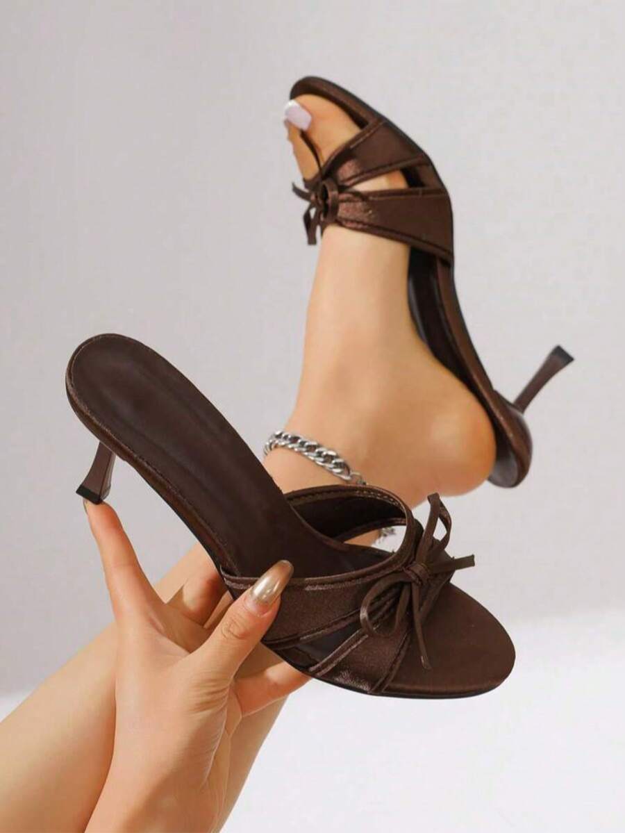 棕色夏季新款網布透氣露趾高跟涼鞋,百搭極簡細高跟女款涼鞋 - 棕色 - 查看 1