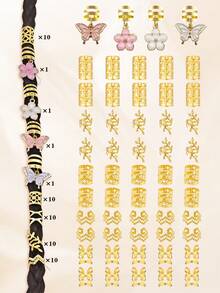 54pcs Flower Wave Hair Rings With Colorful Butterflies & Camellias - Multi-Shape Adjustable Hair Bands, Women's Dreadlock Garden Accessories - Gold - View 9