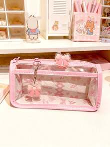 3pcs Double Layer Bowknot TPU Pencil Pouches With PP Clip And Pendant, Anti-Stain Transparent Design, Easy And Quick Access, Idea, First Day Of School - Multicolor - View 6