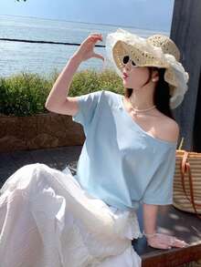 Y2K Hot Girl Style Solid Color Design Off-Shoulder Short Sleeve T-Shirt, Loose Fit Slimming Slouchy Off-Shoulder Top, Simple And Fashionable For Daily Casual Summer Wear - Blue - View 1
