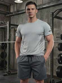 Men's Summer Ice-Cooling Elastic Ice Silk Short Sleeve Top And Quick-Dry Sports Shorts Set, Gym Sets - Grey - View 2