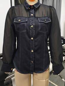 Women's Denim Fabric & Mesh Patchwork Shirt, Long Sheer Puff Sleeves, Button-Down With Fake Chest Pockets, Slim Fit Casual Top For Everyday Wear - 黑色和金色 - 查看 2