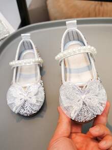 Sweet & Cute Pearl Design Princess Shoes For Little Girls, Bowknot Rhinestone Shoes, Spring/Summer Casual & Travel Kids Shoes - Silver - View 3