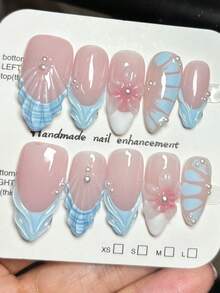 10 piezas de uñas postizas de estilo francés con textura de concha azul, forma de almendra, arte de uñas 3D tallado, degradado con adornos de perlas, estilo Y2K para chicas, base rosa nude, simples y versátiles, de alta gama, adecuadas para uso diario de chicas, puntas de uñas postizas - Celeste - Ver 2