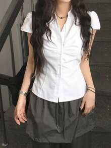 韓式修身領口收腰短袖襯衫 白色 夏季 辦公室女郎風 - 白色 - 查看 7