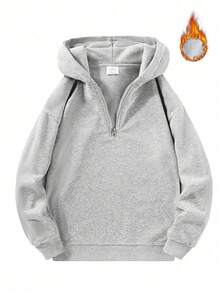 Sweatshirt Hoodie Pria Warna Polos dengan Resleting Setengah/Seperempat, Sweatshirt Pullover Lengan Panjang Beludru, Sweatshirt Pullover Tebal dengan Lapisan Hangat, Cocok untuk Musim Gugur/Musim Dingin - Light Grey - View 4