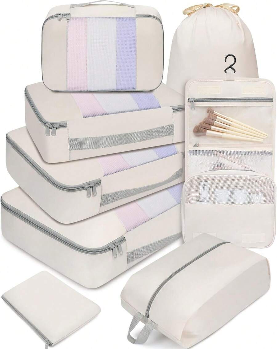 8er-Set Packwürfel in verschiedenen Größen Reiseorganizer für Handgepäck & Koffer Farbe Beige - Übersicht 1