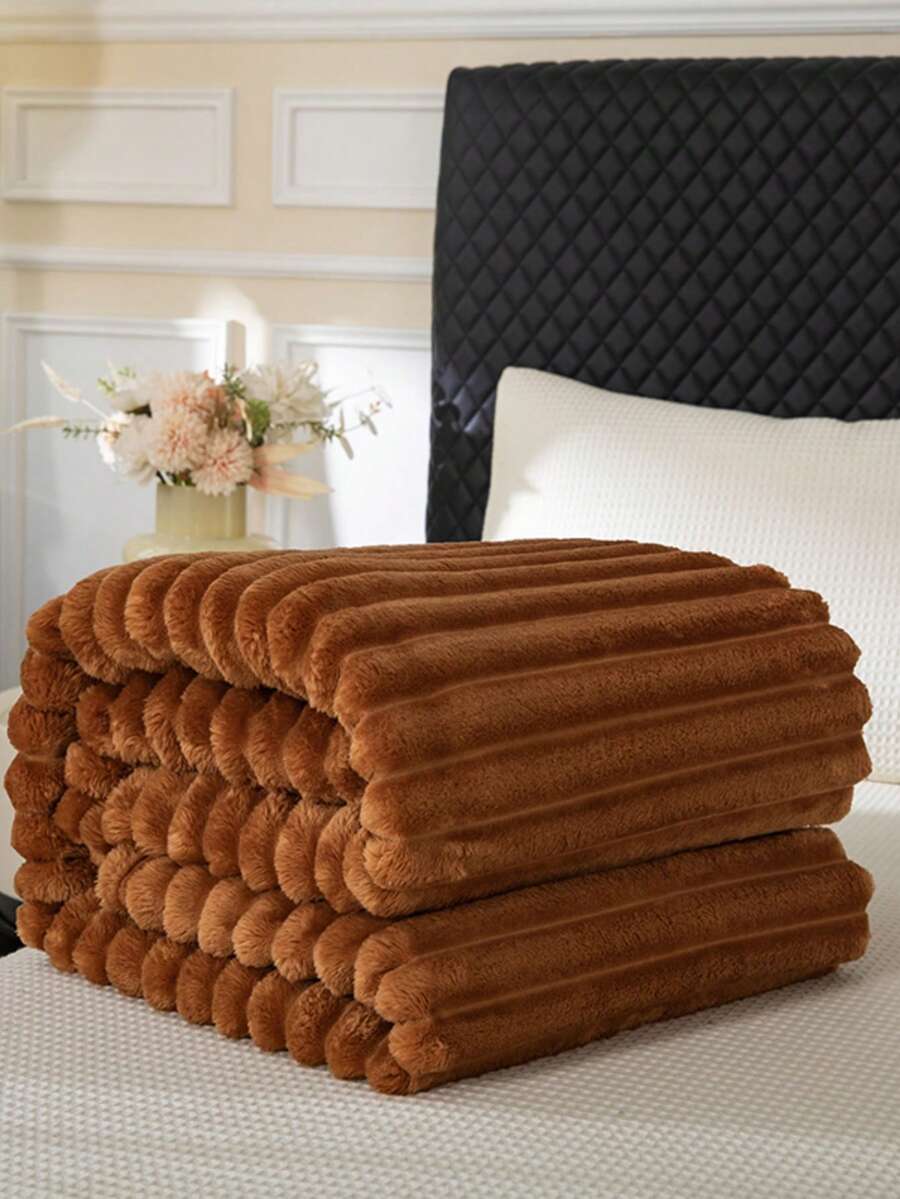 1pc Luxury Double-Sided Comfortable Striped Blanket, Soft & Warm, Suitable For Nap, Office, Camping, Sofa - Multi-Purpose Polyester Bed Sheet, Perfect Christmas Gift, Compressed Packaging, Lightweight & Elegant, Cloud-Like Touch - Mocha Brown - View 1
