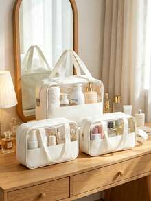 3Pcs PVC Travel Cosmetic Bag Set, Large Capacity Portable Toiletry & Makeup Brush Storage Pouch, Vacation Travel Essential Organizer Case, Storage Bag For Storage Room Storage & Beauty Supplies Neat Organization - White - View 2
