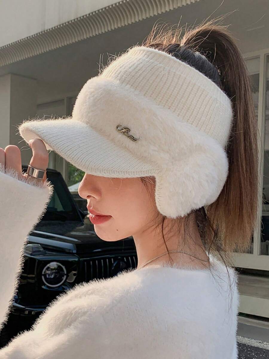 1 pieza Gorro de invierno con orejeras de peluche con letras para mujer - Gorro de peluche 3 en 1, diseño simple y cálido, adecuado para compras diarias, viajes de vacaciones, regalo perfecto - Protector de oídos - Ver 1
