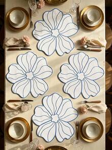 12pcs, Blue 5-Petal Flower Fabric Embroidered Placemats, Non-Slip Heat-Resistant Table Mats, Odorless, Durable And Washable Dish Pads, Practical And Highly Attractive Table Mats, Suitable For Restaurants, Cafes, Homestays, Compatible With Festivals, Parties, Gatherings, Birthdays, Weddings, Dinners. - Multicolor - View 8