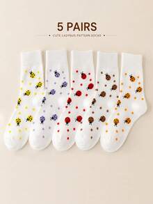 5 Pairs/1 Pair Colorful Cute Cartoon Insect Pattern Mid-Calf Socks, Women's Casual Sweet Ladybug Pattern Sports Socks, Breathable Skin-Friendly Moisture-Wicking, Suitable For Daily Wear And Outdoor Sports - Multicolor - View 15