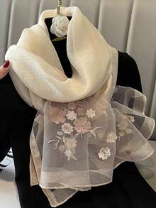 1pc Gold Thread Handmade Embroidered Apricot Floral Shawl, Warm Autumn/Winter Scarf For Women, Gift For Mom, Versatile Cheongsam Wrap, Decorative Headscarf - Gold - View 4