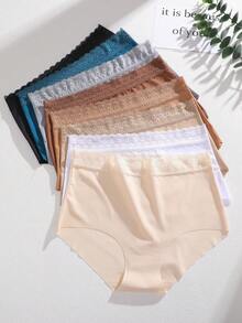 FINETOO 8pcs French Lace High Waist Women's Panties, Solid Color Seamless Bodycon Skin-Friendly Daily Triangle Shorts, Multi-Color - Multicolor - View 5