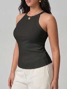 Plus Size Rib-Knit Halter Neck Tank Top With Built-In Bra, Sexy Seamless Wireless Cami, Sleeveless Summer Crop Top - Black - View 6
