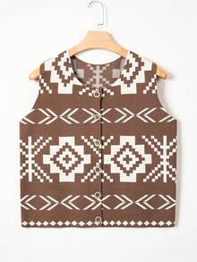 Acelitt Rompi Rajut Kasual Tanpa Lengan Kancing Depan Terbuka Motif Geometris Jacquard Dasar Cokelat untuk Wanita - MultiWarna - View 3