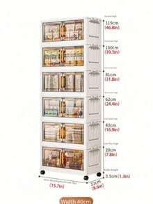 1pc, 3/4/5 Layer Foldable Storage Cabinet With Doors And Wheels, Plastic Storage Box, Stackable Large Capacity Home Organization For Bedroom, Living Room, Kitchen, Easy Assembly And Space-Saving Design - Transparent Tea - View 8