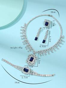 1 Set 4pcs Luxury Rectangular Full Cubic Zirconia Necklace, Earrings, Ring, Bracelet Women's Jewelry Set For Wedding, Evening Party, Dress Accessories - Square - View 8