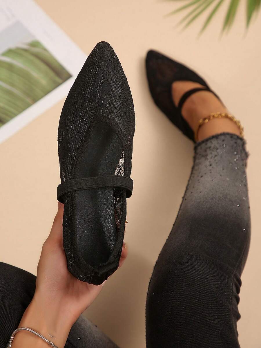 Black Pointed Toe Flat Loafers With Lace Mesh Upper, Breathable Elastic Band Design, Exposed Instep, Spring/Autumn New Style, Office Commute Casual Shoes, Versatile Elegant Comfortable Flat Shoes