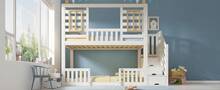 Bunk Bed White Cabin Style 90x200 Cm Kids Bed With Storage Ladder - 白色 - 查看 5