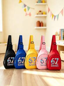 1pc Back To School Mini Fashion Simple Solid Color Cute Cartoon 67 Number 2D Print Waist Bag Chest Bag, Lightweight Nylon Material Zipper Closure Coin Purse, Perfect For Daily, Travel, Vacation, Shopping, Outing - Multicolor - View 1