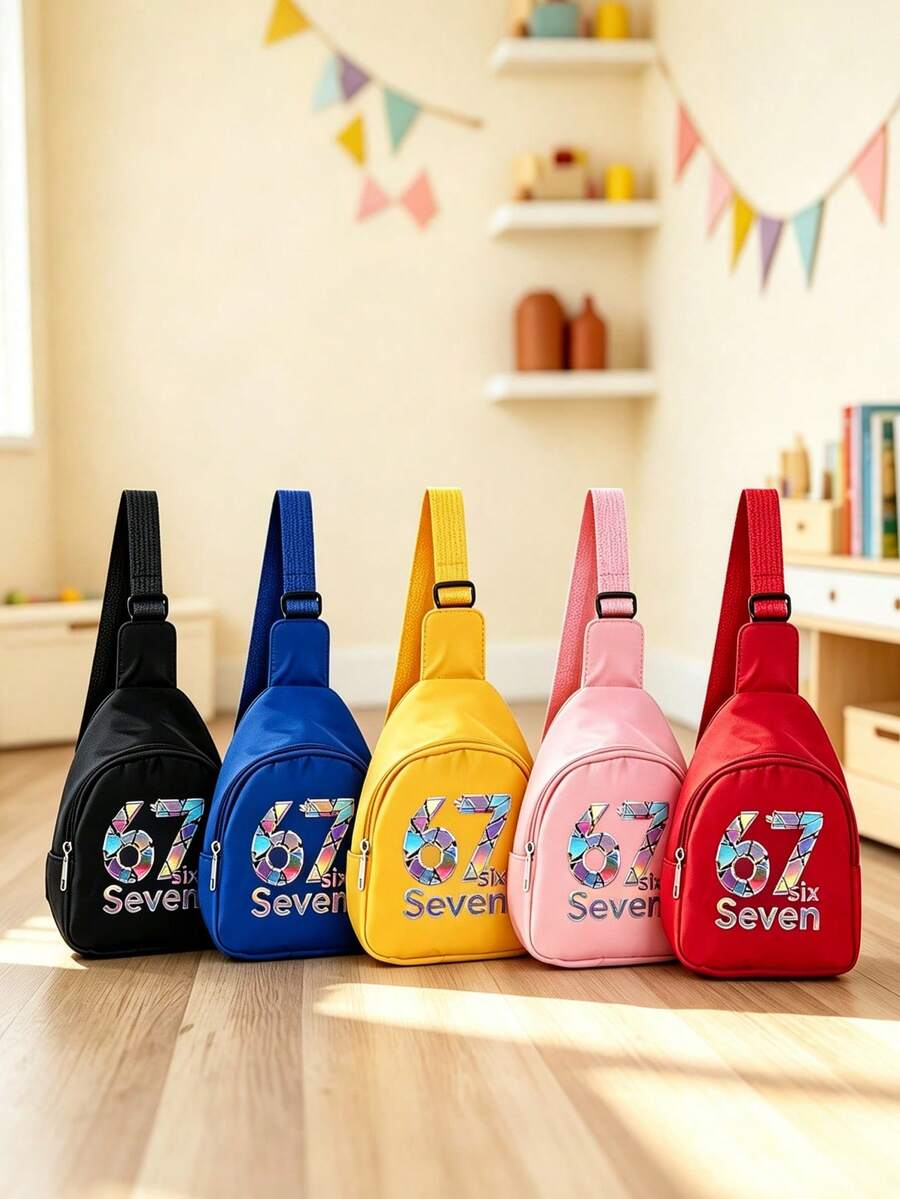 1pc Back To School Mini Fashion Simple Solid Color Cute Cartoon 67 Number 2D Print Waist Bag Chest Bag, Lightweight Nylon Material Zipper Closure Coin Purse, Perfect For Daily, Travel, Vacation, Shopping, Outing - Multicolor - View 1