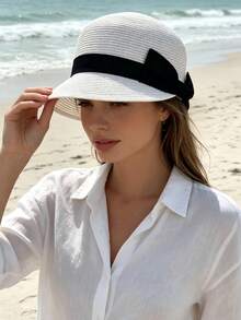 1pc Women's Bohemian Fashion Straw Bow Equestrian Hat, Sun Protection Summer Beach Hat, Suitable For Vacation, Daily Wear And Beach - Multicolor - View 15