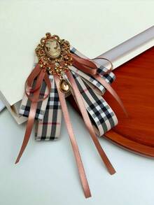 Vintage Embossed Beauty Portrait Plaid Bow Tie, Caramel Satin Ribbon Rhinestone Pendant Collar Flower, Preppy Shirt Suit Collar Accessory - Coffee Brown - View 7