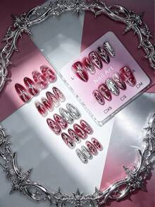 Y2K Gothic Style Black Press-On Nails, 10pcs 3D Silver Star & Swirl Fake Nails, Reusable DIY Manicure, Suitable For Grunge Style - Hot Pink - View 2