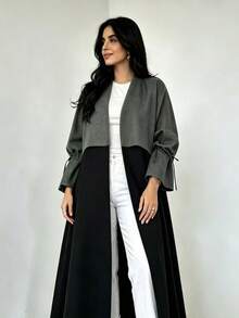 Middle Eastern Style Robe, Fashion Patchwork Design With Drawstring Cuffs, Elegant Fitted Long Dress, Casual Summer Holiday Dress - Grey - View 1