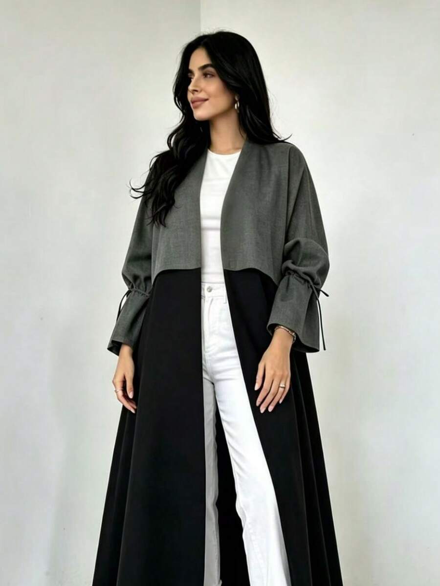 Middle Eastern Style Robe, Fashion Patchwork Design With Drawstring Cuffs, Elegant Fitted Long Dress, Casual Summer Holiday Dress - Grey - View 1