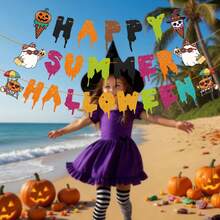 1 Set glänzendes Papier-Banner "Happy Summer Halloween" für Sommer-Halloween-Party-Dekoration, Halloween-Banner, Party-Banner-Dekoration - Übersicht 3