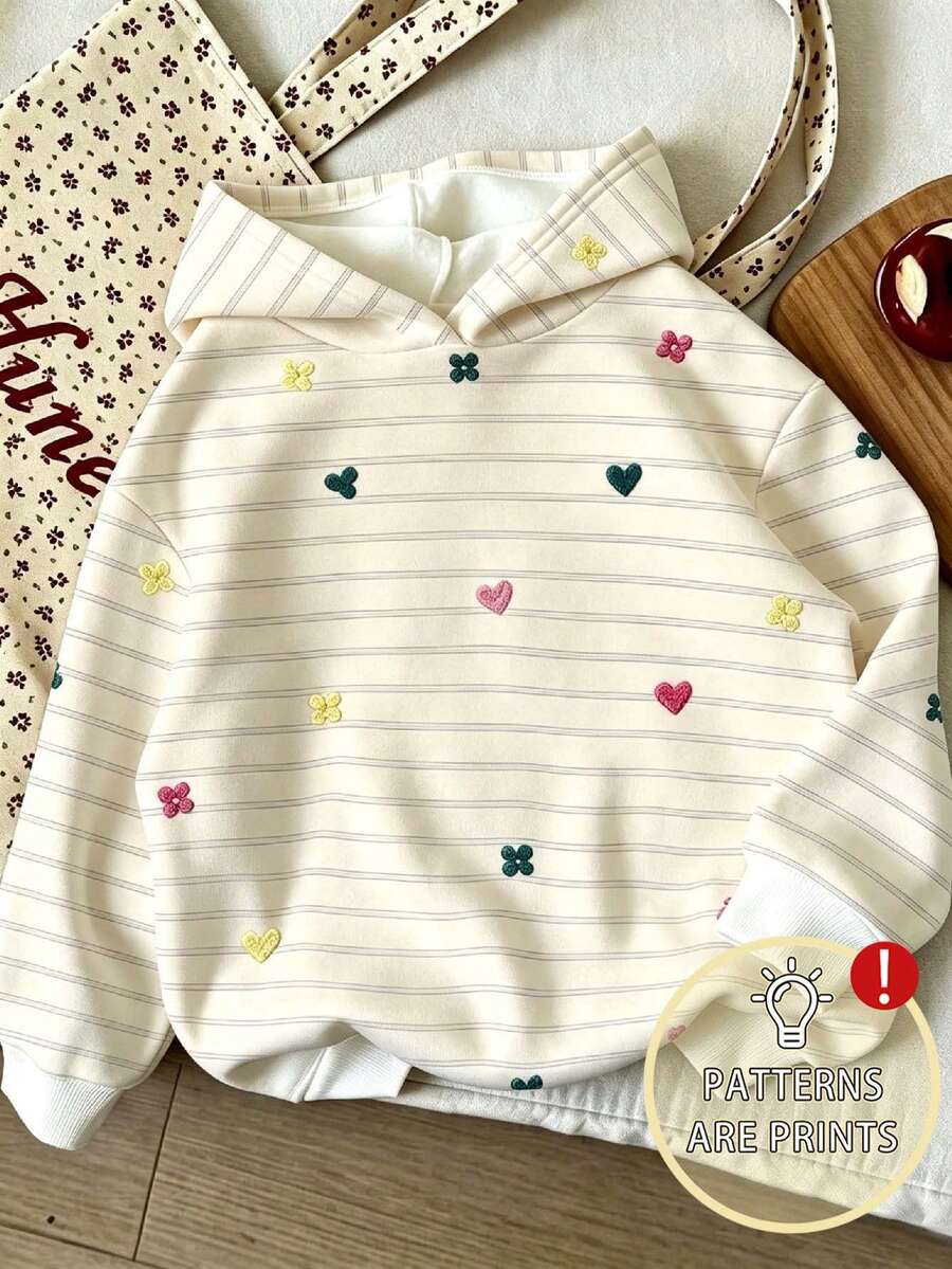 Young Girl Cartoon Pattern Warm Hooded Sweatshirt - Apricot - View 1