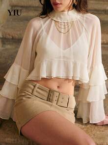 YIU LUMOS Women's Beige Mock Neck Crop Top, Gathered Neckline Double Ruffle Sleeve Ruffle Hem, Romantic Coquette Blouse For Fall Winter - Beige - View 5