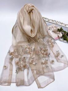1pc Gold Thread Handmade Embroidered Apricot Floral Shawl, Warm Autumn/Winter Scarf For Women, Gift For Mom, Versatile Cheongsam Wrap, Decorative Headscarf - Gold - View 1