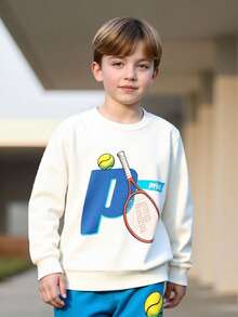Boys/Tween BoysSpring/Autumn 2-Piece Set, Letter & Racket Print Crew Neck Long Sleeve Top With Lake Blue Jogger Sweatpants, Student Sports Casual Everyday Versatile Outfit - Blue - View 5