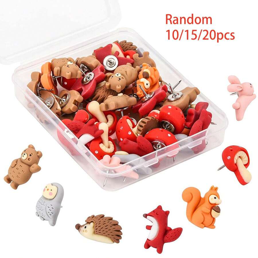 10/15/20pcs Random Animal Pattern Push Pins, Cute Creative Photo Wall Fixing Large Head Pins, Office Supplies - Multicolor - View 1