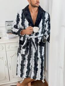 Men's Striped Casual Thermal Lined Open Front Robe With Belt, Shawl Collar, Loose Fit, British Gentleman Style Flannel Loungewear, Autumn/Winter - Dark Grey - View 3