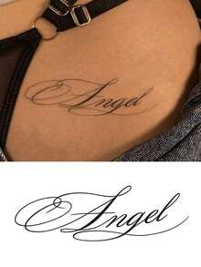 English Waterproof Temporary Tattoo, "Angel" Design, Unisex Fake Tattoo Stickers, Suitable For Theme Party Events, Personalized Outfit Accent, Waterproof, Sweat-Proof, Rub-Resistant, Long-Lasting, Body Painting, Black Tattoo Suitable For Parties, Valentine's Day - Exquisite Design Suitable For Various Activities And Occasions - Black - View 7