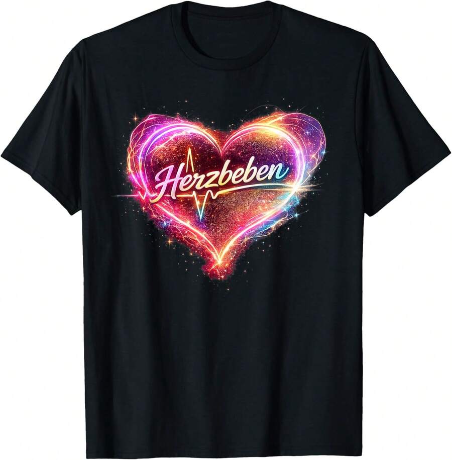 Lokale Lager,Marque,Colourful Sweeping Heart Heartbeat T-Shirt - 黑色 - 查看 1
