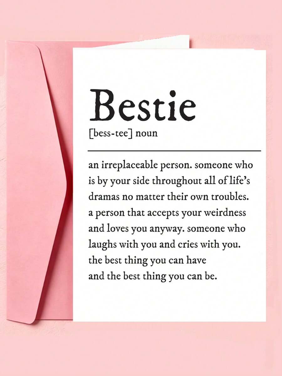 1pc Minimal Text Definition Bestie Friendship Greeting Card, Simple Black Font Sentimental Best Friend Card, Sweet Meaning Present For Female Bestie Birthday Friendship Party, Thicker And Larger Envelope And Card - Multicolor - View 1