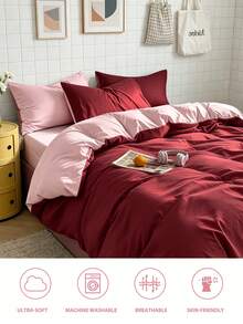 2/3pcs Simple Solid Color Duvet Cover Set, 1 Duvet Cover With 1/2 Pillowcase(S), Soft & Breathable Bedding Set For Bedroom/Guest Room, Suitable For Home, Dorm, Oeko-Tex Certified - Dark Red - View 6