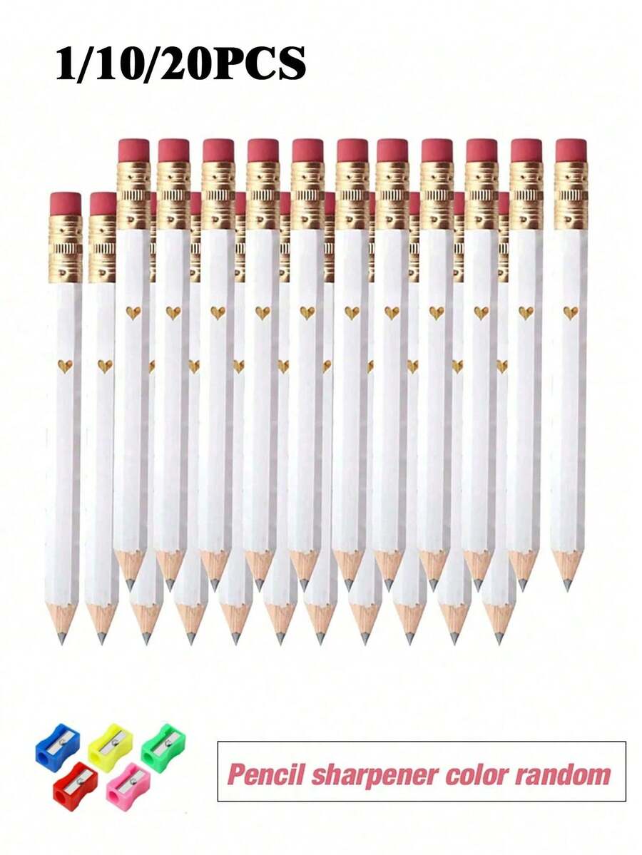 1/10/20pcs Heart Shaped Gold Foil Pencils With Erasers + 1pc Sharpener, Suitable For School, Office, Weddings (White) Back To School - Multicolor - View 1